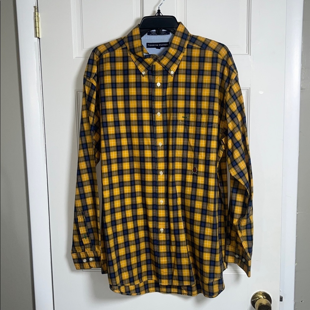 Tommy Hilfiger Plaid Blutton Down Shirt Cotton Blue Yellow XL
